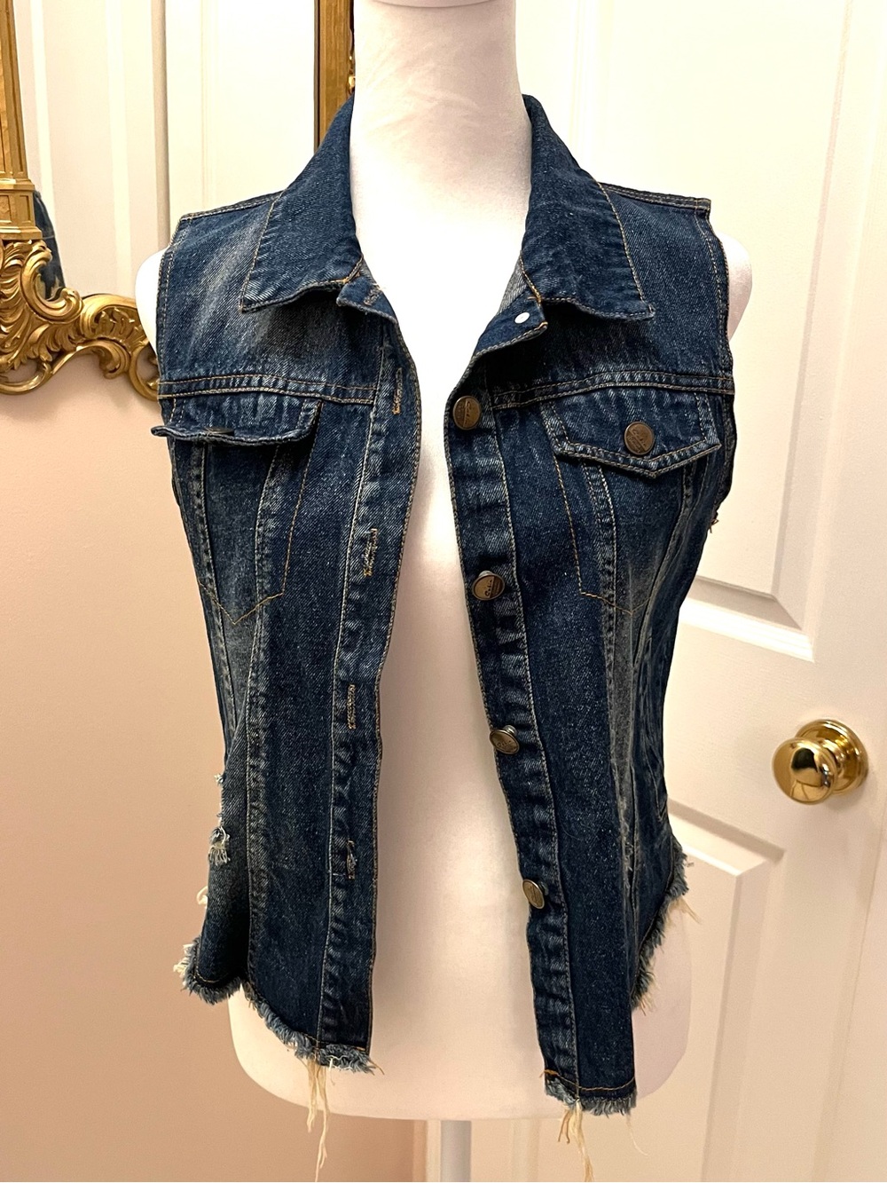 Distressed Denim Vest with colourful Patch detail Unisex Y2K Grunge Youth Size L